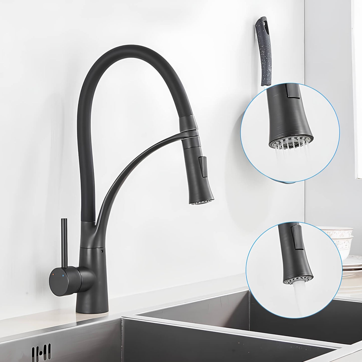 Robinet cuisine en laiton – mitigeur avec douchette extractible et bec orientable