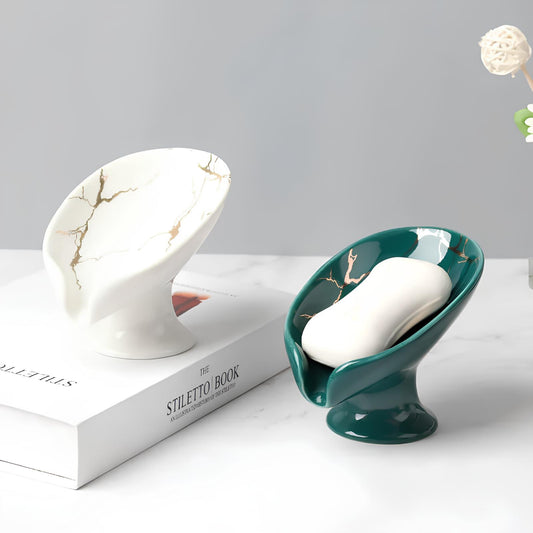 Porte-savon en céramique – design feuille avec trous d’évacuation, salle de bain ou cuisine