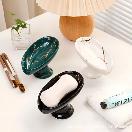 Porte-savon en céramique – design feuille avec trous d’évacuation, salle de bain ou cuisine