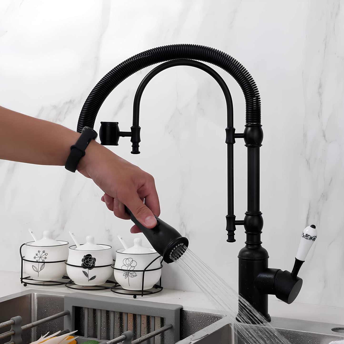 Robinet cuisine douchette – mitigeur en laiton avec ressort flexible et double jet