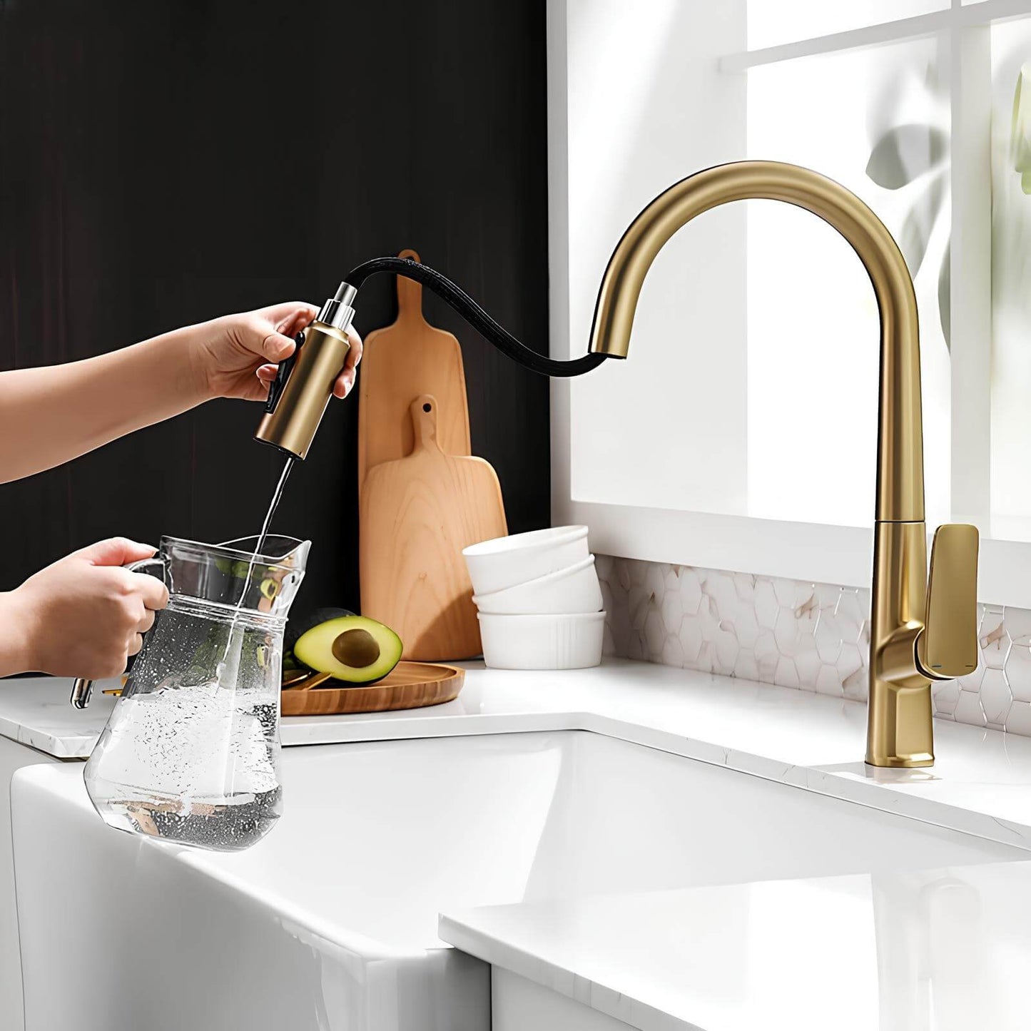 Robinet cuisine en laiton – mitigeur avec douchette extractible