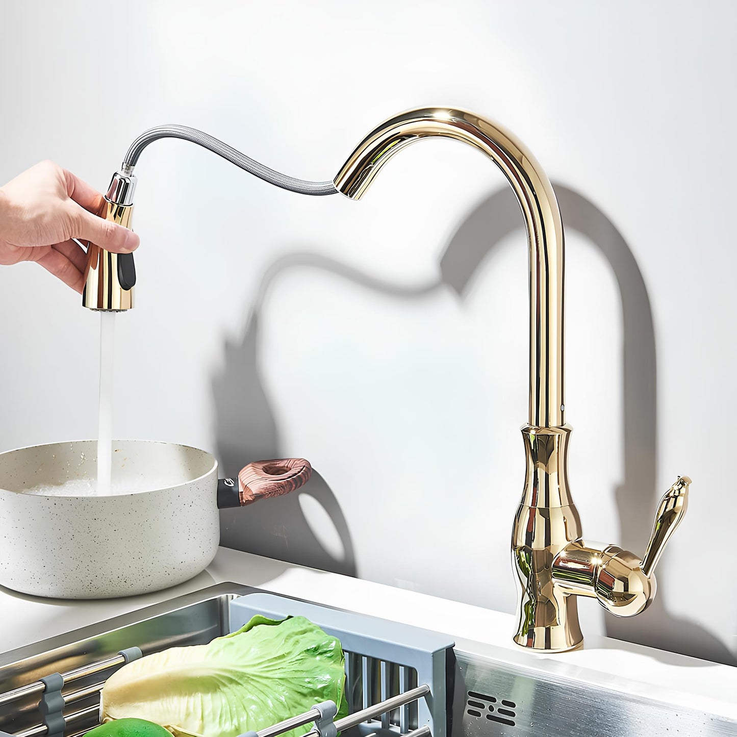 Robinet cuisine en laiton – mitigeur à douchette escamotable et col pivotant