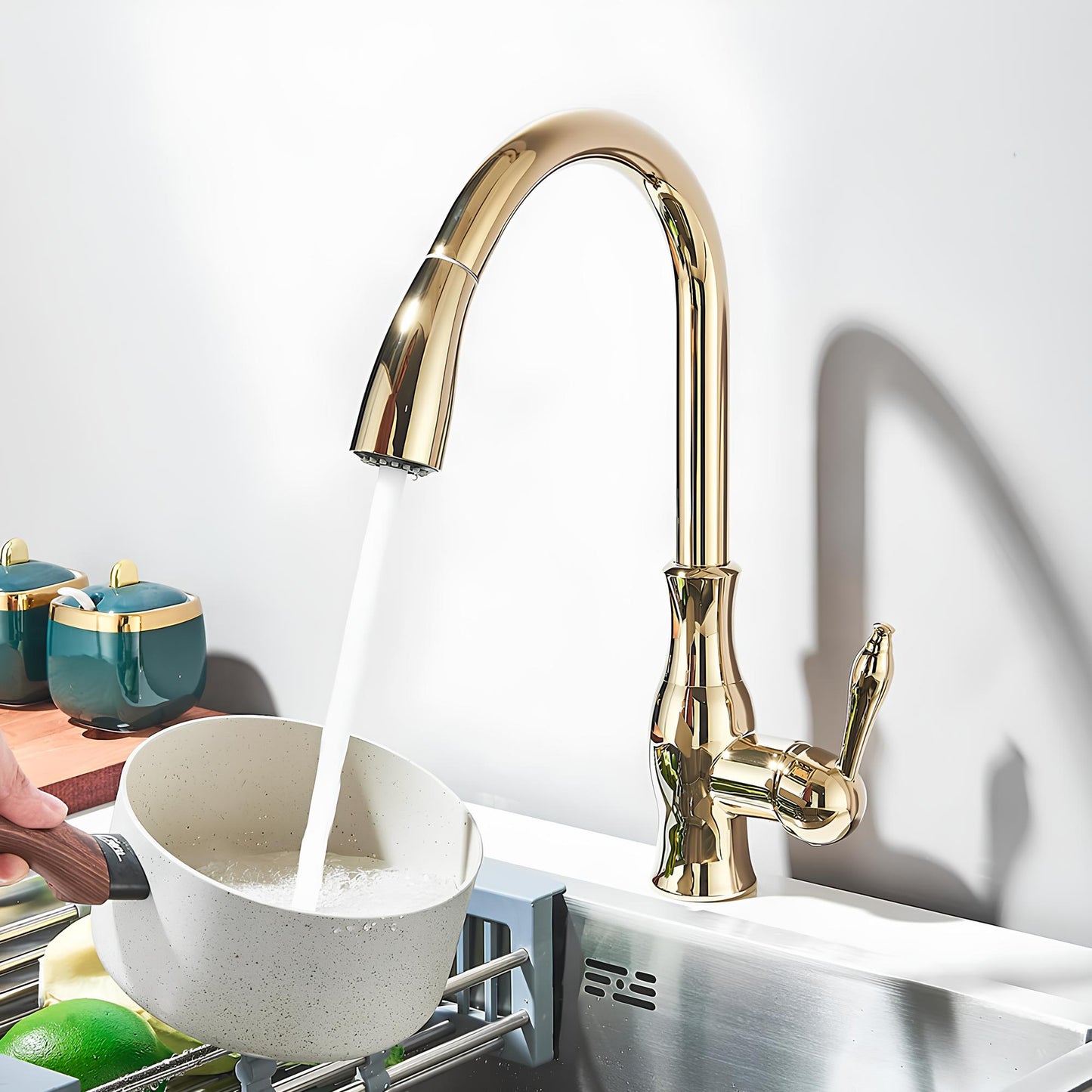 Robinet cuisine en laiton – mitigeur à douchette escamotable et col pivotant